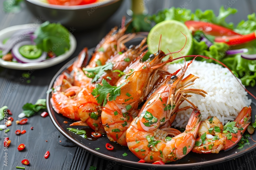 A beautifully plated dish of fried prawns with lime and rice, side view vibrant food image.
A beautifully plated dish of fried prawns with lime and rice, side view vibrant food image.