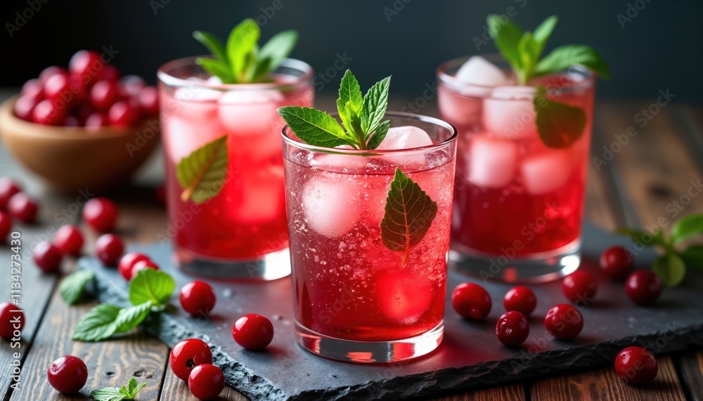 Sparkling cranberry spritzer with fresh fruit, mint leaves. Refreshing drink perfect for spring gatherings. Red drink in glasses filled with ice. Garnished with fresh mint. Cranberry, mint flavors. Sparkling cranberry spritzer with fresh fruit, mint leaves. Refreshing drink perfect for spring gatherings. Red drink in glasses filled with ice. Garnished with fresh mint. Cranberry, mint flavors.