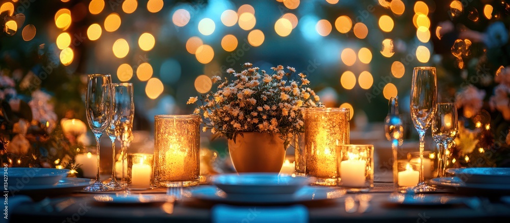 Romantic candlelit dinner table setting with flowers and champagne flutes, bokeh background. Romantic candlelit dinner table setting with flowers and champagne flutes, bokeh background.