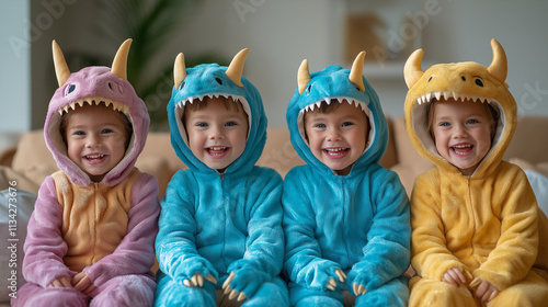 a photo of kids in cute dinosaur costumes photo