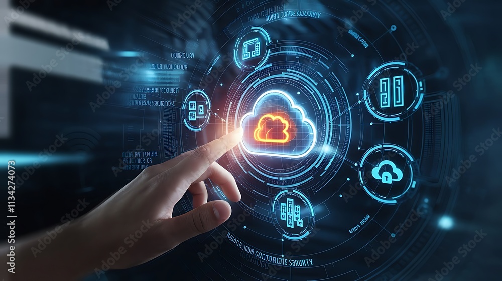 Hand Interacting with Glowing Cloud Technology Interface, cloud computing copy space, copy-space background, tech copyspace background Hand Interacting with Glowing Cloud Technology Interface, cloud computing copy space, copy-space background, tech copyspace background