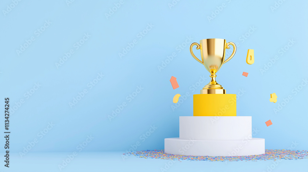 golden trophy placed on a tiered podium, surrounded by colorful confetti golden trophy placed on a tiered podium, surrounded by colorful confetti