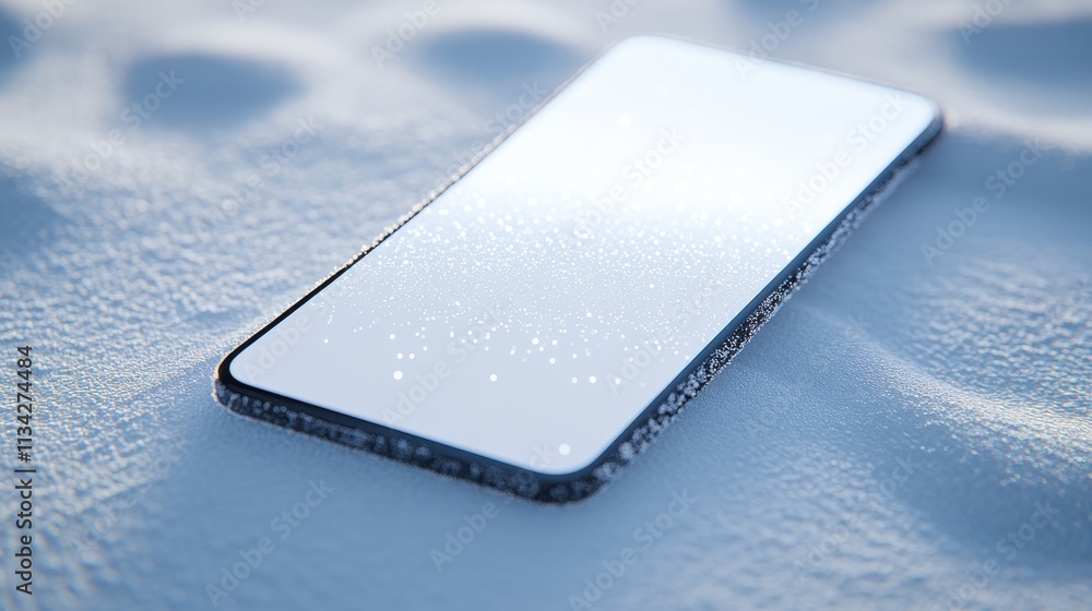 Mobile phone with blank screen on the snow,Smartphone with a white screen in the hands of a young man,copy space,networking service,winter snow time with snowfall. Mobile phone with blank screen on the snow,Smartphone with a white screen in the hands of a young man,copy space,networking service,winter snow time with snowfall.