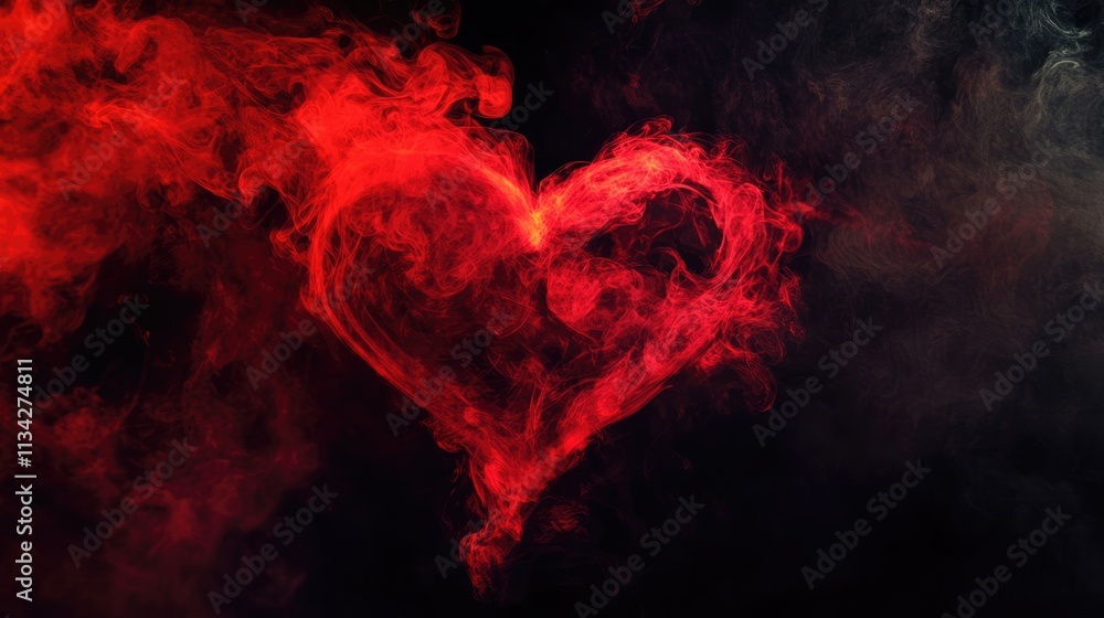 Valentines Day. Red smoke and fire on a black background, in the shape of a glowing heart. Room for words. Room for words. Valentines Day. Red smoke and fire on a black background, in the shape of a glowing heart. Room for words. Room for words.