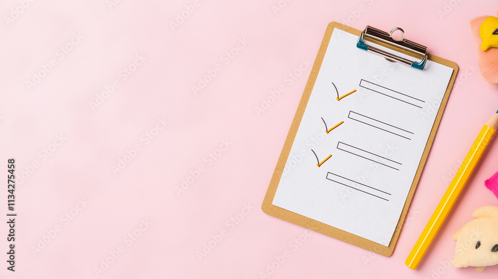 A clean and organized image featuring a clipboard with a checklist, bright pink background space for text A clean and organized image featuring a clipboard with a checklist, bright pink background space for text