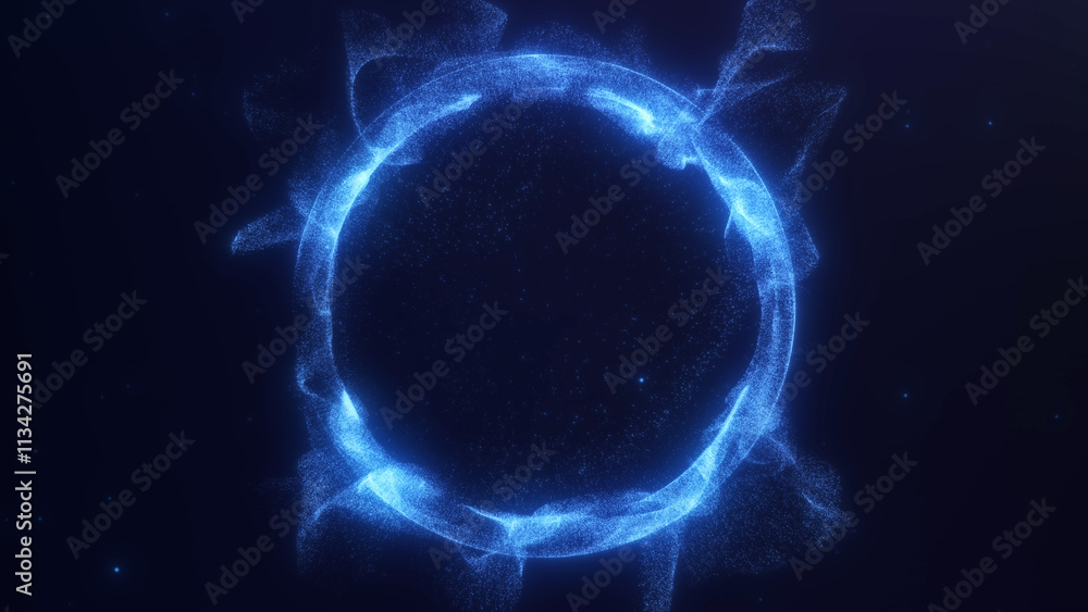 Blue glowing flowing ring of liqiud swirling plasma. Energy sphere of shiny dynamic wavy particles on dark abstract background. Magic orb, digital, futuristic, sci fi Blue glowing flowing ring of liqiud swirling plasma. Energy sphere of shiny dynamic wavy particles on dark abstract background. Magic orb, digital, futuristic, sci fi