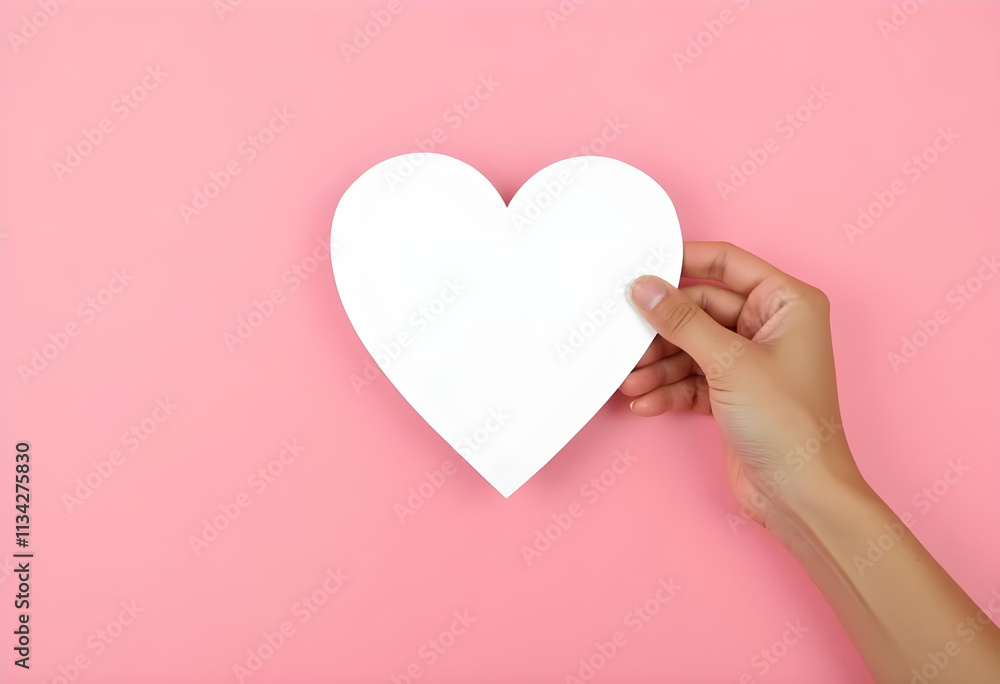 hand holding blank white heart shape against pink background, symbolizing love and affection. This evokes feelings of warmth and creativity hand holding blank white heart shape against pink background, symbolizing love and affection. This evokes feelings of warmth and creativity