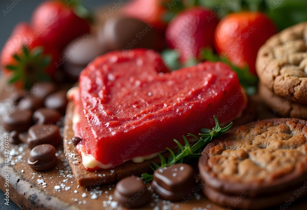 Delicious heart shaped dessert surrounded by strawberries, cookies, and chocolates, creating romantic and inviting atmosphere for any occasion Delicious heart shaped dessert surrounded by strawberries, cookies, and chocolates, creating romantic and inviting atmosphere for any occasion