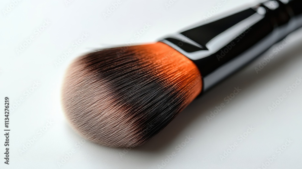 Obraz premium A close-up of a makeup brush with a black handle and orange-tipped bristles.