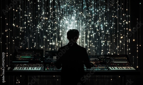 Silhouette, keyboard, glowing strings, music production.