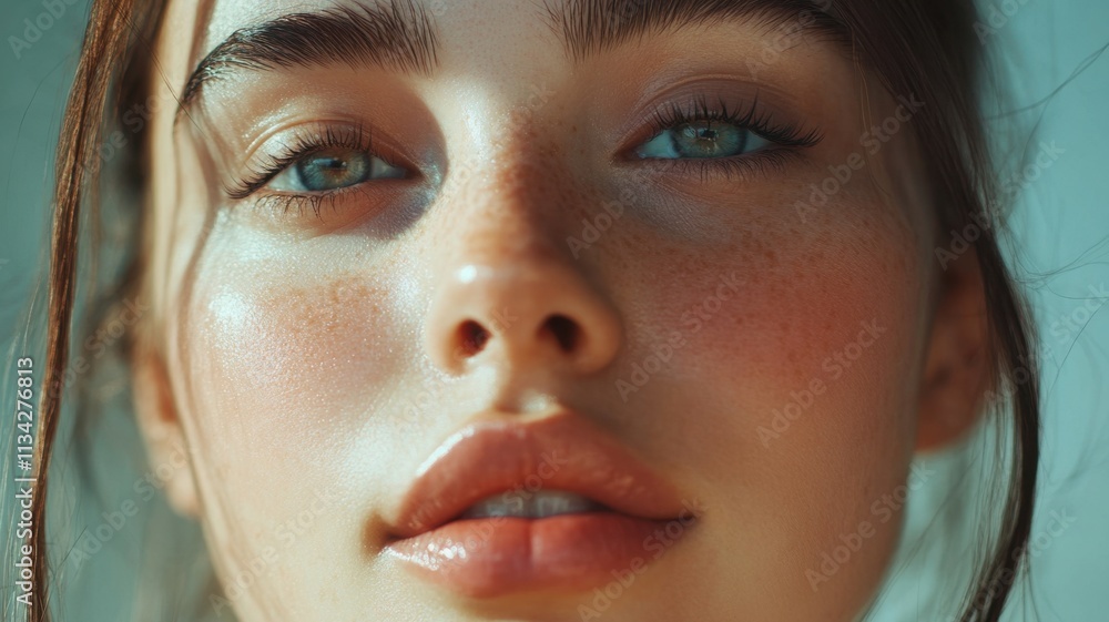Beautiful woman with clean skincare with her eyes closed, gently caressing her glowing and healthy skin Cosmetology and spa Beautiful woman with clean skincare with her eyes closed, gently caressing her glowing and healthy skin Cosmetology and spa