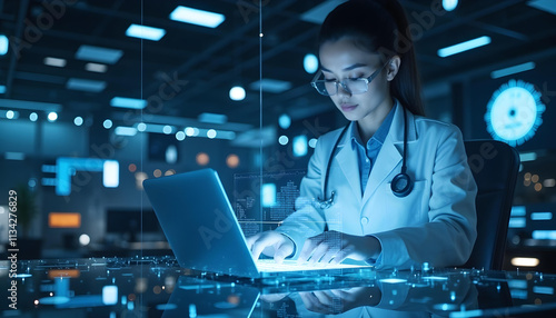 scientist working with laptop in modern lab, analyzing holographic data. atmosphere is high tech and innovative, showcasing advanced research and technology