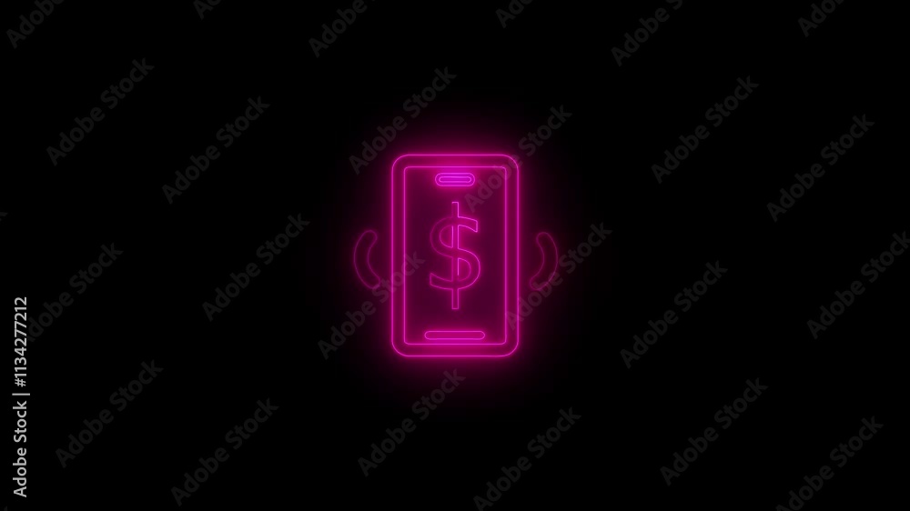 Beautiful abstract neon bright glowing icon, signboard from a modern smart mobile phone, Financial mobile phone icon. Online payment. Beautiful abstract neon bright glowing icon, signboard from a modern smart mobile phone, Financial mobile phone icon. Online payment.