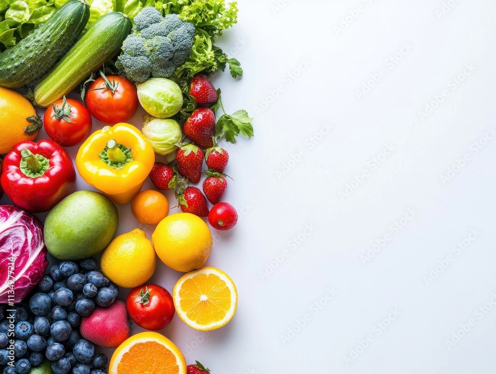 Fresh Fruits and Vegetables Arranged on White Background Fresh Fruits and Vegetables Arranged on White Background