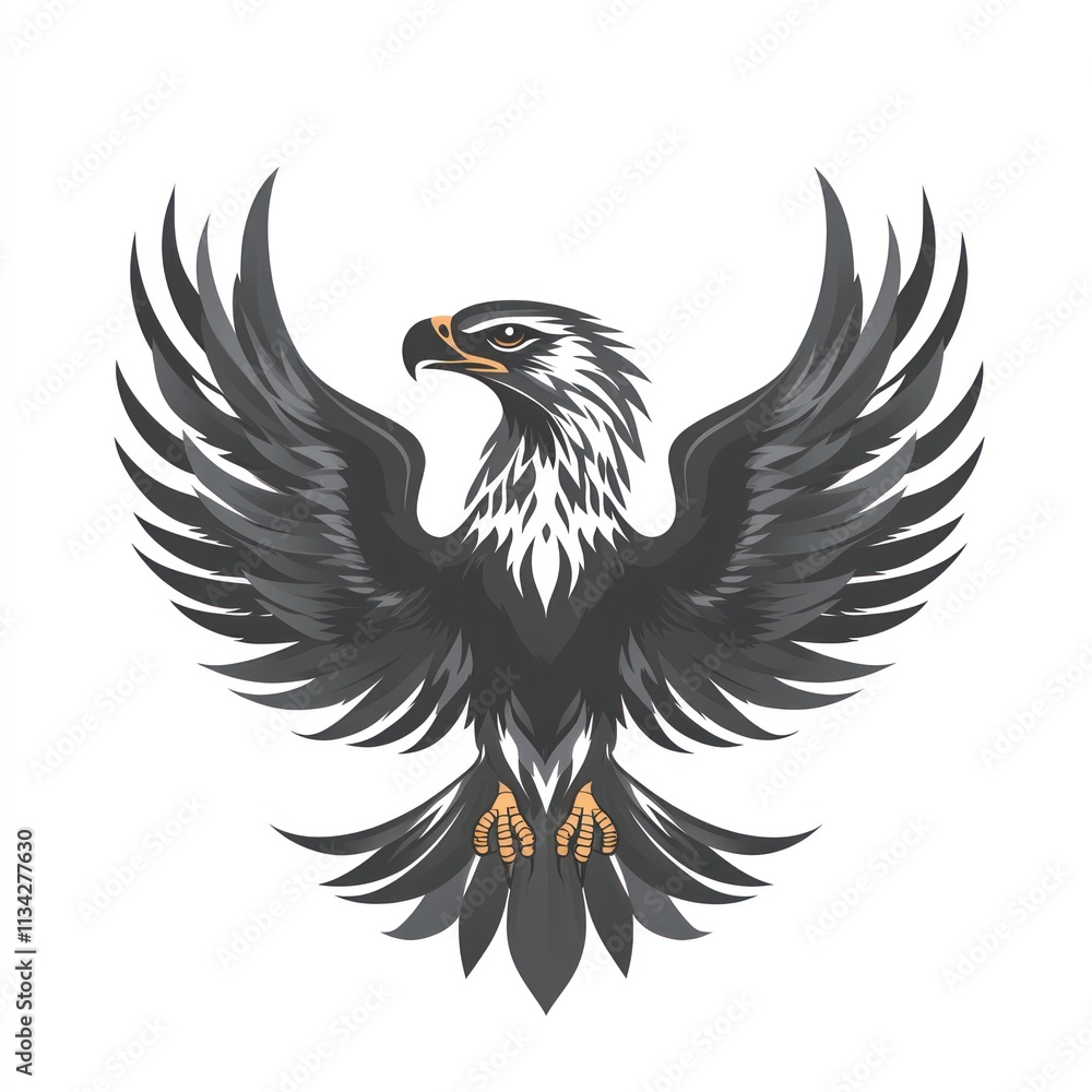 Obraz premium Majestic eagle with wings spread wide, viewed from below, against a white background.