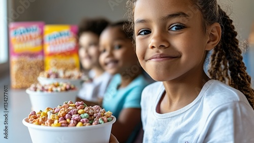 A girl smiles happily while holding a bowl of colorful cereal, with friends enjoying breakfast in the background.