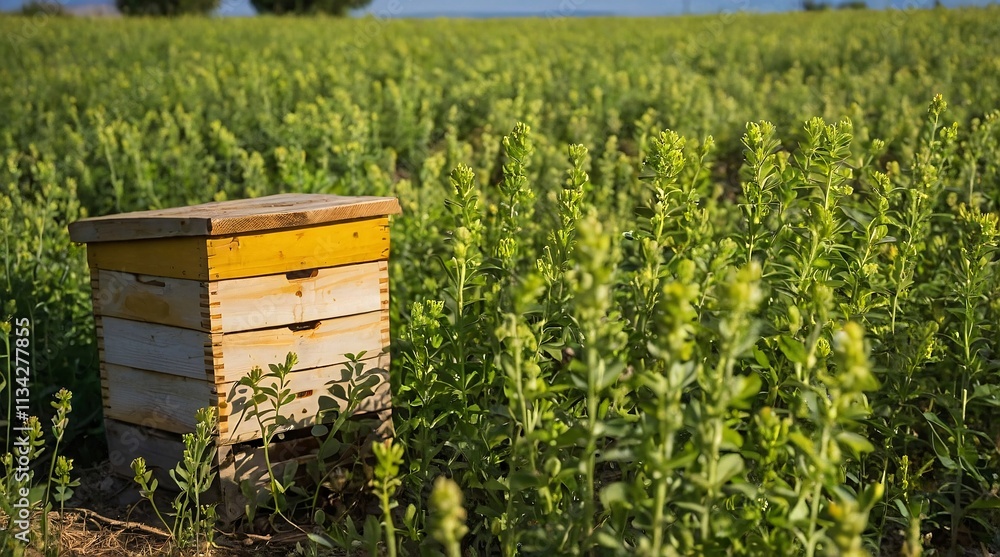 Fototapeta premium Vibrant green alfalfa field flourishing under the sun with a solitary beehive nestled among the lush vegetation