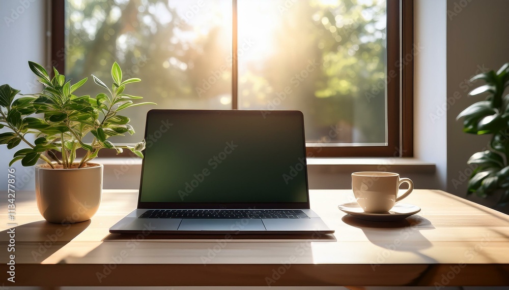 Fototapeta premium Simple and elegant workspace with a wooden desk, a laptop, a coffee cup, and a small potted plant, minimalistic design with soft natural lighting.