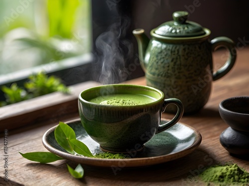 a cup of matcha on the table in the morning