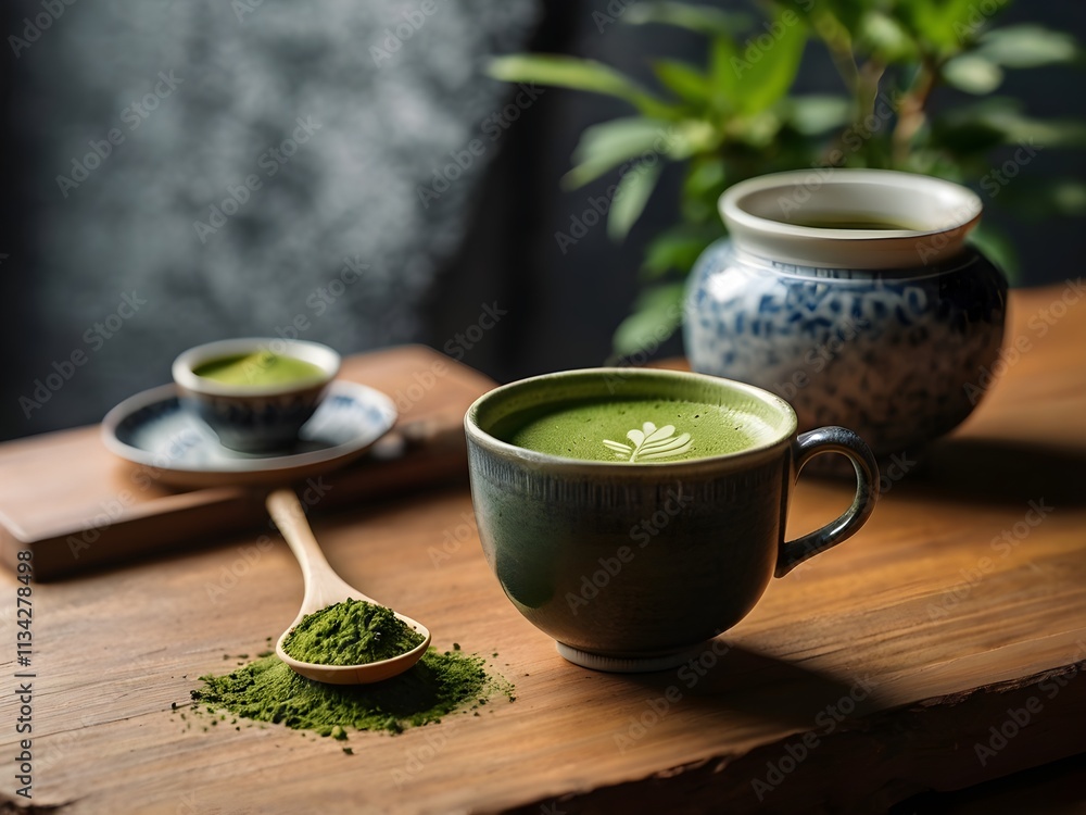 a cup of matcha on the table in the morning a cup of matcha on the table in the morning