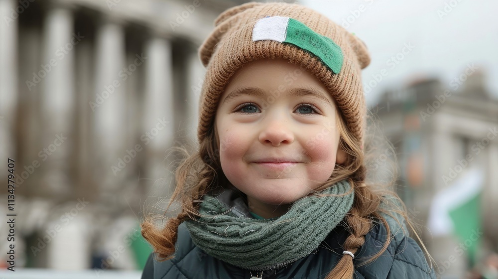 A smiling child wearing a brown beanie and scarf, celebrating with a flag in the background.