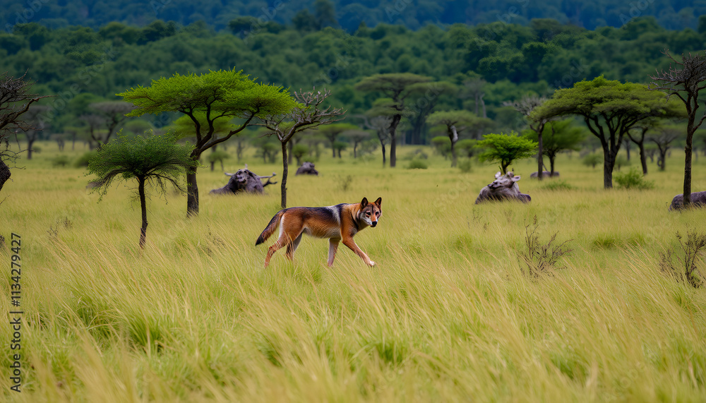 A Lone Wolf Exploring the Savanna Surrounded by Trees and Grasses A Lone Wolf Exploring the Savanna Surrounded by Trees and Grasses