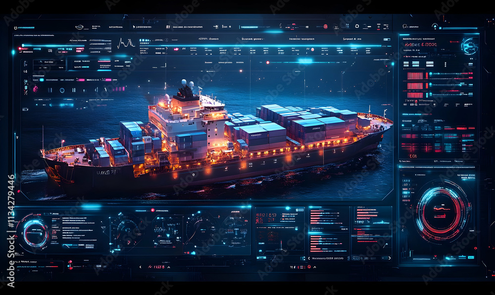 Fototapeta premium A futuristic cargo ship with digital interface elements showcasing data and analytics.