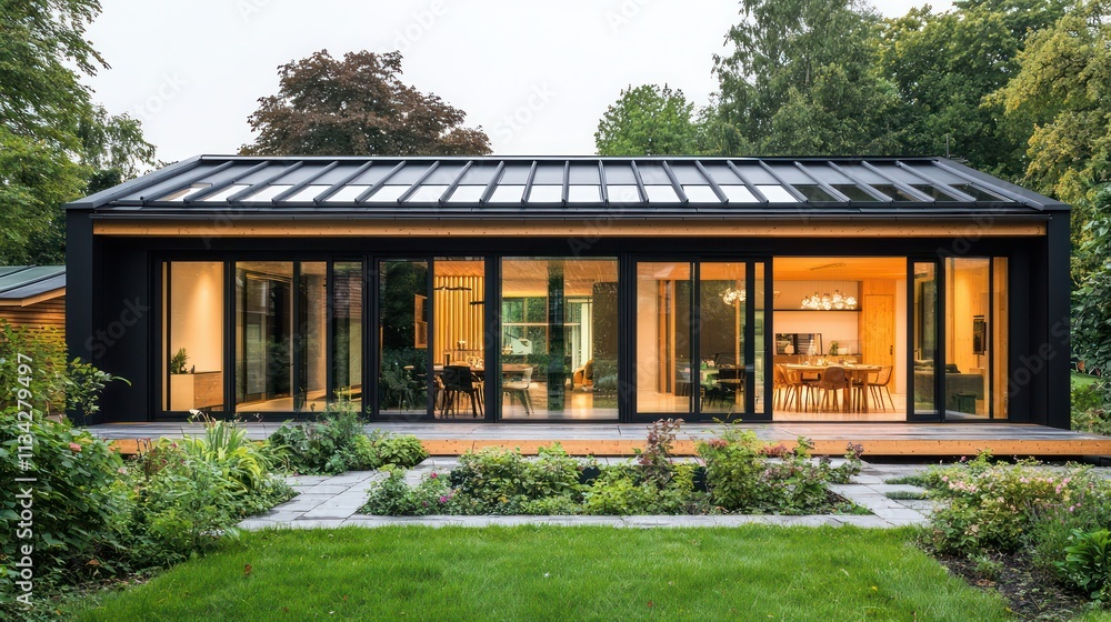 Contemporary glass house with a black roof, wooden accents, and a front terrace with a dining area. Contemporary glass house with a black roof, wooden accents, and a front terrace with a dining area.