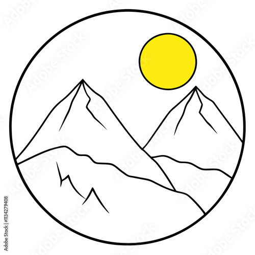 A big round yellow moon with a high mountain peak  ,White Background