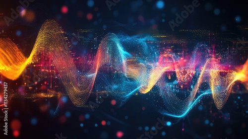 Wallpaper Mural Vibrant 3d sound waves in abstract colorful motion on dark background - dynamic data visualization and abstract points graph - digital art illustration for multimedia and technology Torontodigital.ca