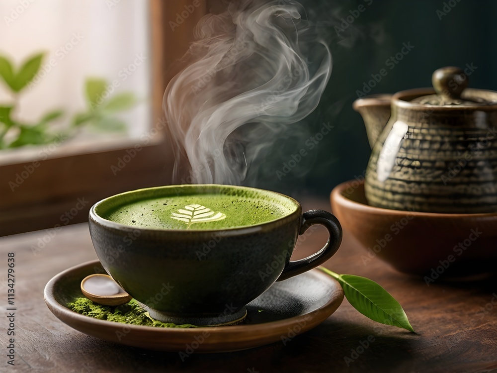 a cup of matcha on the table in the morning a cup of matcha on the table in the morning