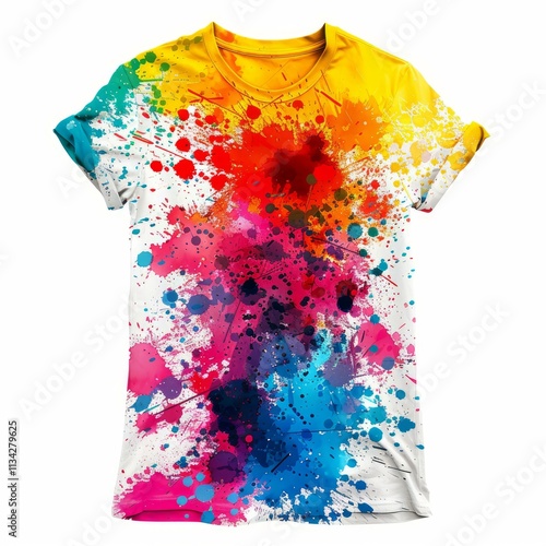 Vibrant and colorful paint splatter design printed on a white t shirt, ideal for expressing creativity and enjoying summer festivals photo