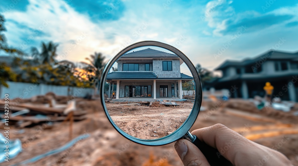 engineer use magnifying glass inspecting construction new house.inspecting construction and quality assurance new house. Engineers or architects or contactor work to build the house.. engineer use magnifying glass inspecting construction new house.inspecting construction and quality assurance new house. Engineers or architects or contactor work to build the house..