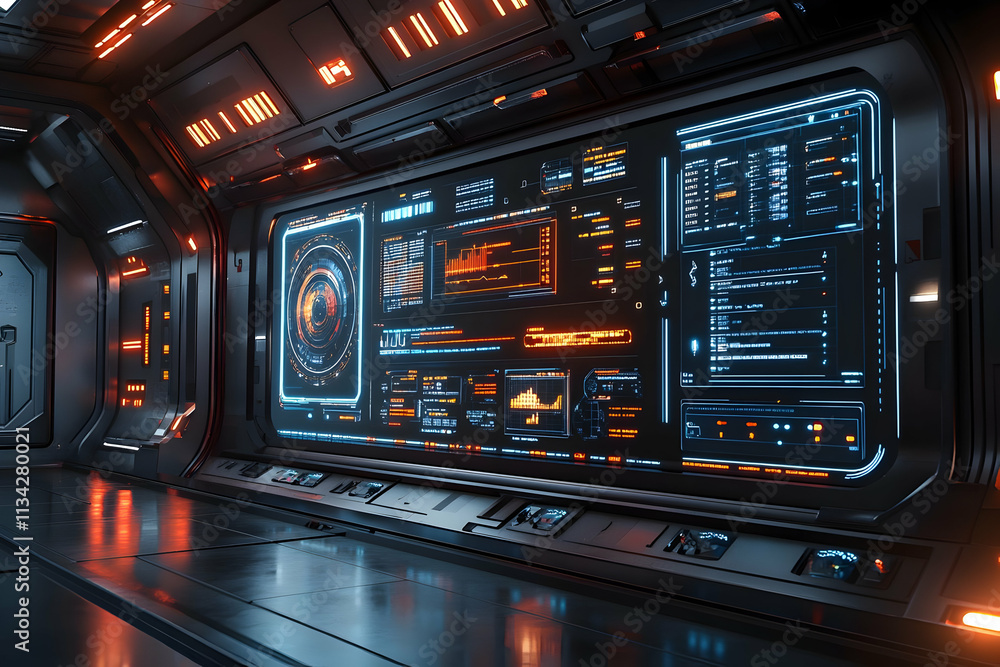 Naklejka premium Futuristic control room with glowing interfaces and data displays.