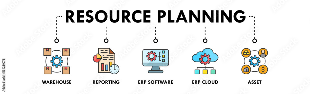 Enterprise Resource Planning banner web icon vector illustration concept with icon of warehouse, reporting, erp software, erp cloud, and asset Enterprise Resource Planning banner web icon vector illustration concept with icon of warehouse, reporting, erp software, erp cloud, and asset