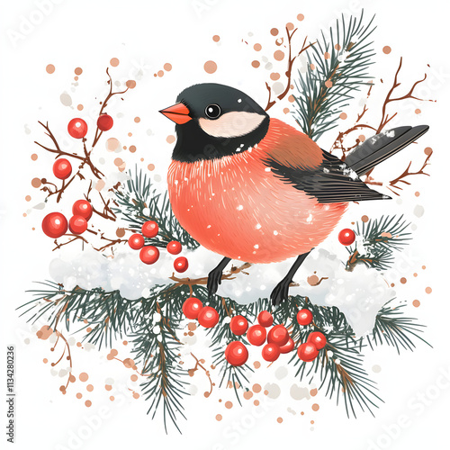 Winter frame illustration with bullfinch bird and christmas decorations on white background  photo