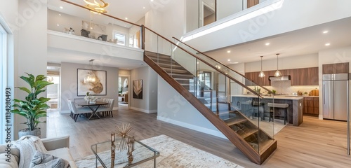Stylish staircase with wood and glass elements, connecting two levels in a bright living space.