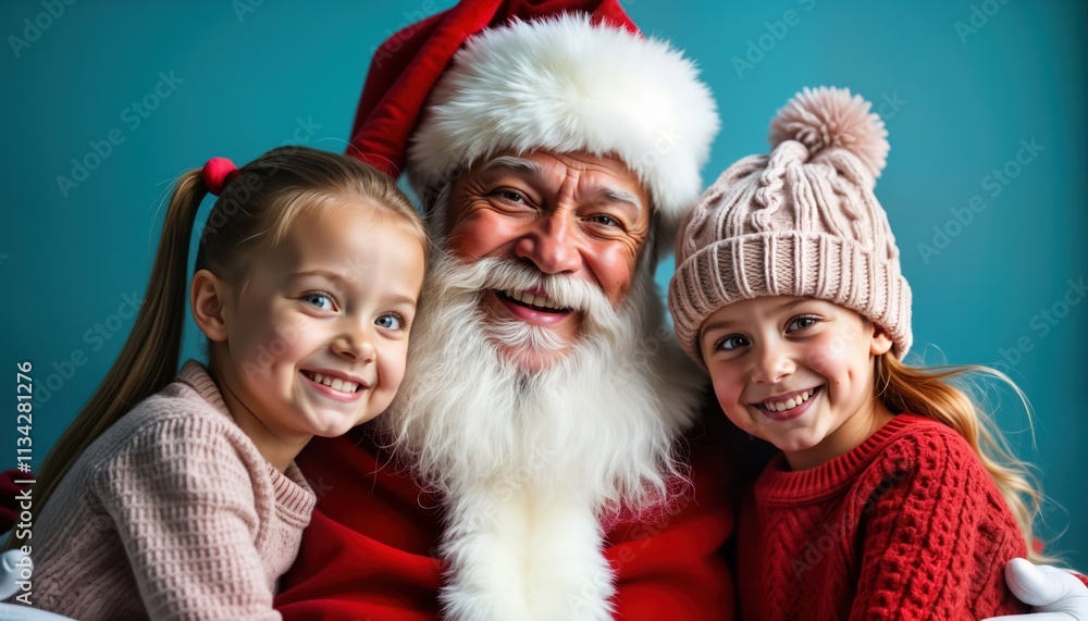 Santa Claus smiles warmly at two joyful children. Studio shot. Family photo. Holiday cheer. Christmas spirit. Kids wear cozy winter clothes. Santa in red suit. Blue background. Happy expressions. Santa Claus smiles warmly at two joyful children. Studio shot. Family photo. Holiday cheer. Christmas spirit. Kids wear cozy winter clothes. Santa in red suit. Blue background. Happy expressions.
