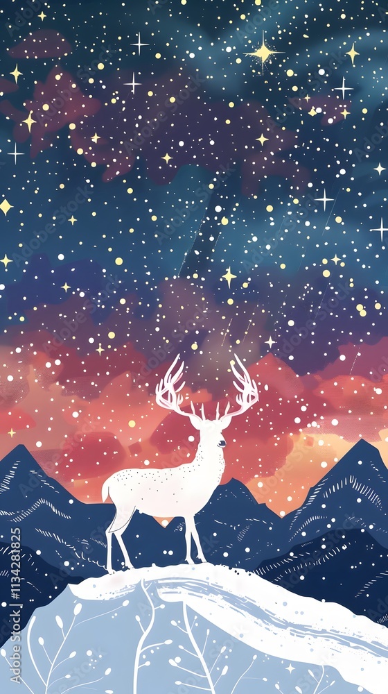 A majestic white deer with perfect antlers, on the mountain and the view of the stars in the beautiful sky A majestic white deer with perfect antlers, on the mountain and the view of the stars in the beautiful sky