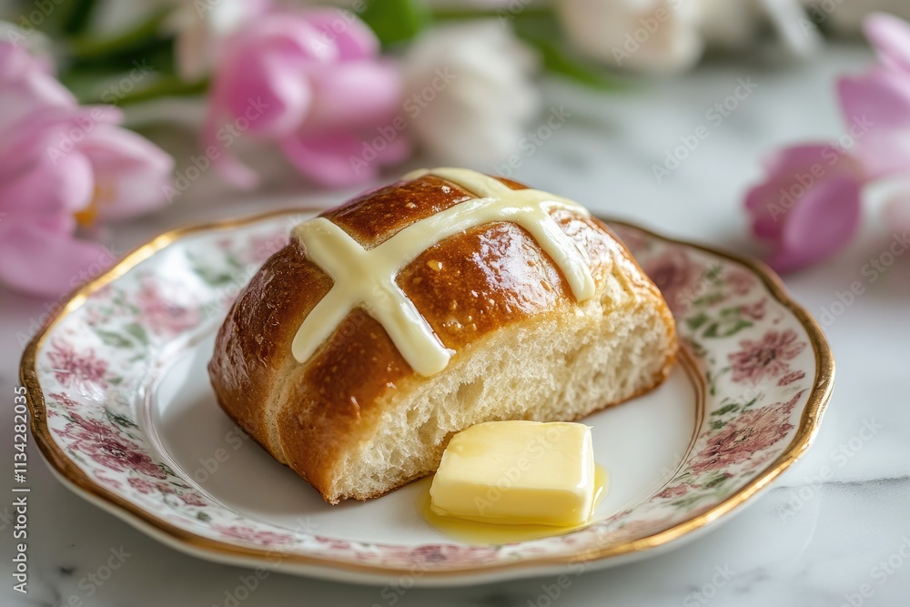 A hot cross bun with a pat of melting butter on a spring - themed plate A hot cross bun with a pat of melting butter on a spring - themed plate