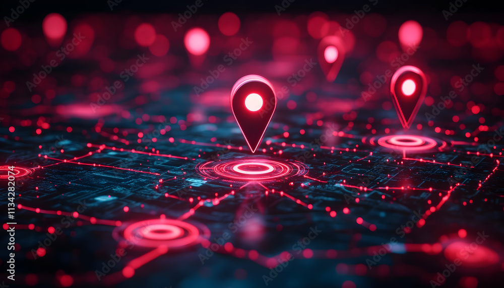 Digital map with glowing location pins representing navigation and connectivity. Digital map with glowing location pins representing navigation and connectivity.