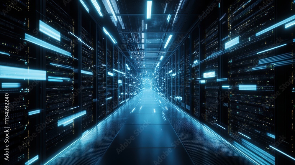 Shot of Corridor in Working Data Center Full of Rack Servers and Supercomputers with Internet connection Visualization Projection, technology, digital, futuristic, future, Shot of Corridor in Working Data Center Full of Rack Servers and Supercomputers with Internet connection Visualization Projection, technology, digital, futuristic, future,