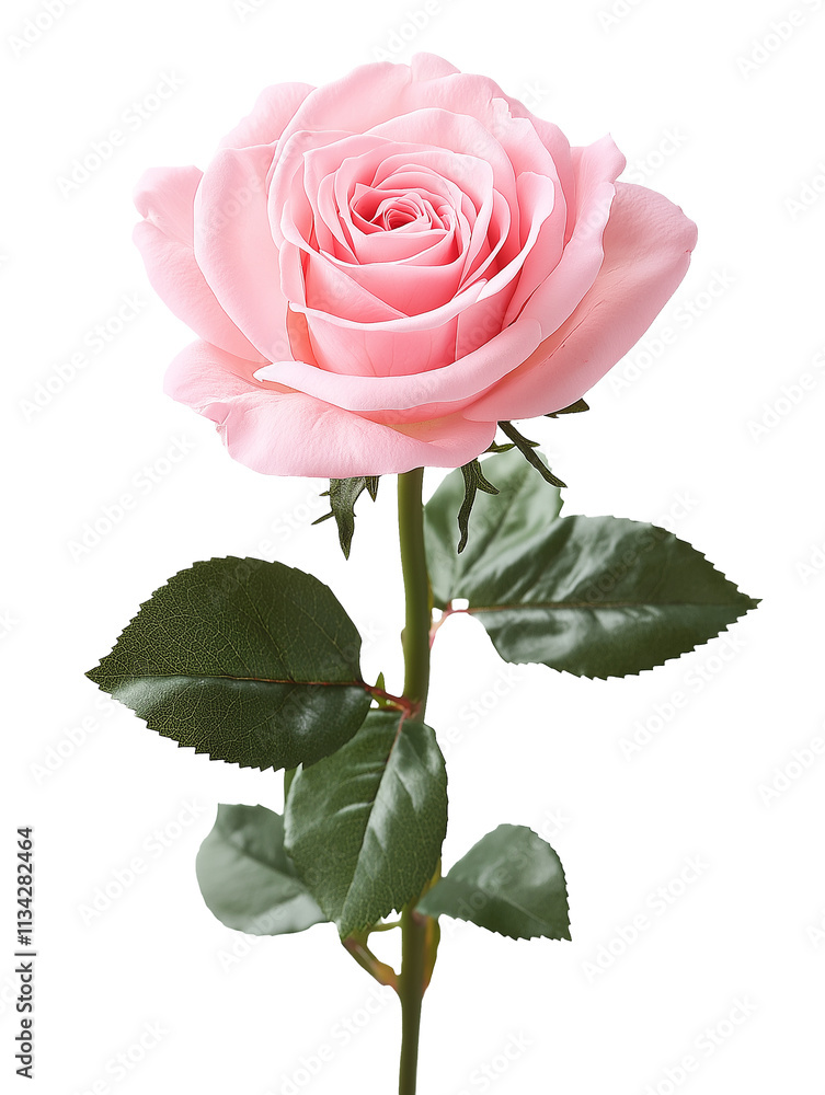 Obraz premium Soft pink rose isolated on white background with green leaves