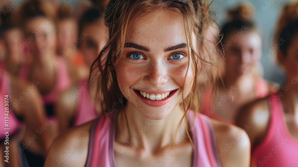 A smiling young woman in activewear, surrounded by others, promoting fitness and positivity. A smiling young woman in activewear, surrounded by others, promoting fitness and positivity.