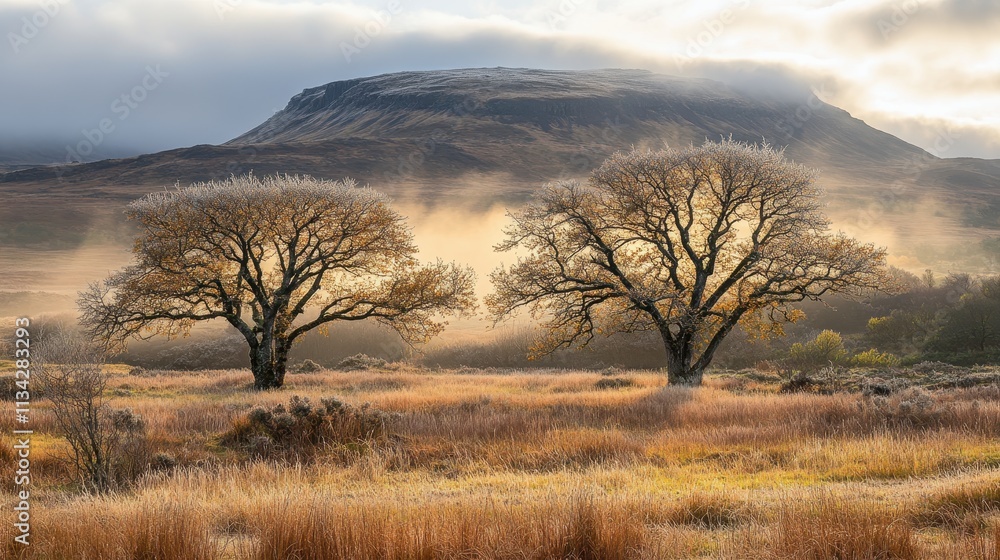 Two frost-covered trees in a meadow at sunrise, with a mountain in the background. Two frost-covered trees in a meadow at sunrise, with a mountain in the background.