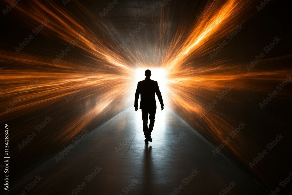 Fototapeta premium Une silhouette d'homme de dos qui marche sur une route seul avec des nuages sombre - generative AI. Beautiful simple AI generated image