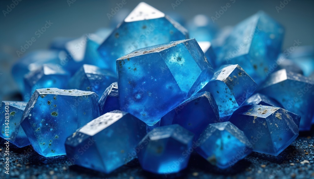Close-up view of vibrant blue crystals. Geometric shapes, facets clear. Crystals appear to tightly clustered. Macro photo shows detail of crystalline structure, color. Potential uses include science Close-up view of vibrant blue crystals. Geometric shapes, facets clear. Crystals appear to tightly clustered. Macro photo shows detail of crystalline structure, color. Potential uses include science