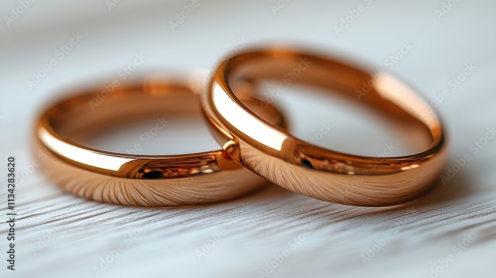 Two polished rose gold wedding rings resting on a textured surface.