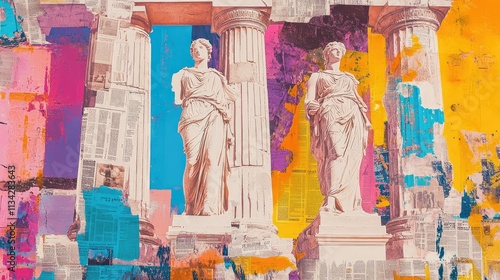 vibrant pop art collage depicting ancient Greek architecture and classical antique statues intertwined with colorful newspaper fragments. Tourist postcard, with historical details with modern art.
