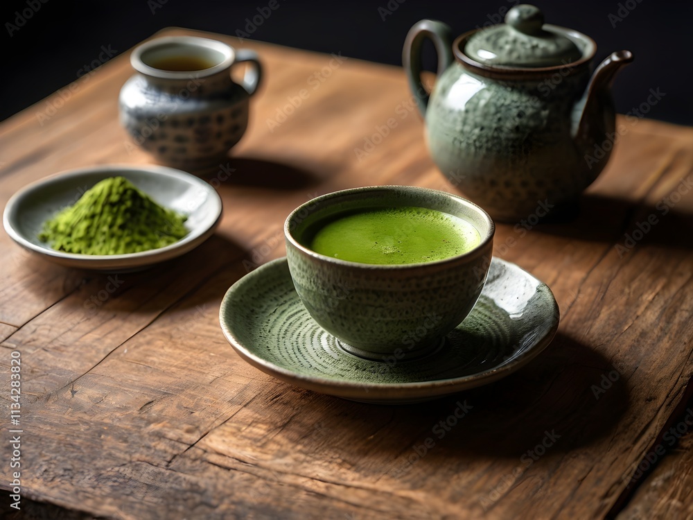 a cup of matcha on the table in the morning a cup of matcha on the table in the morning